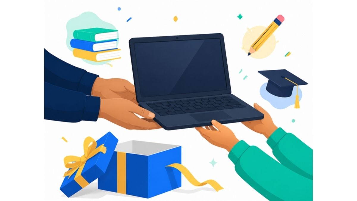 Illustration of hands passing a Chromebook to a child