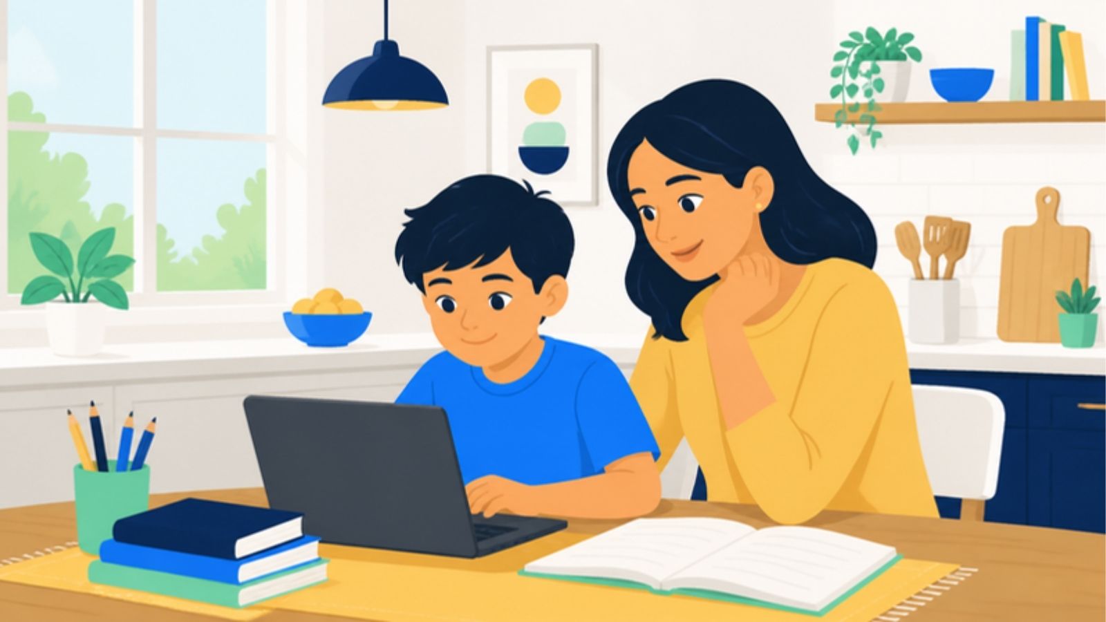Illustration of a child learning on a Chromebook at the kitchen table at home with a parent