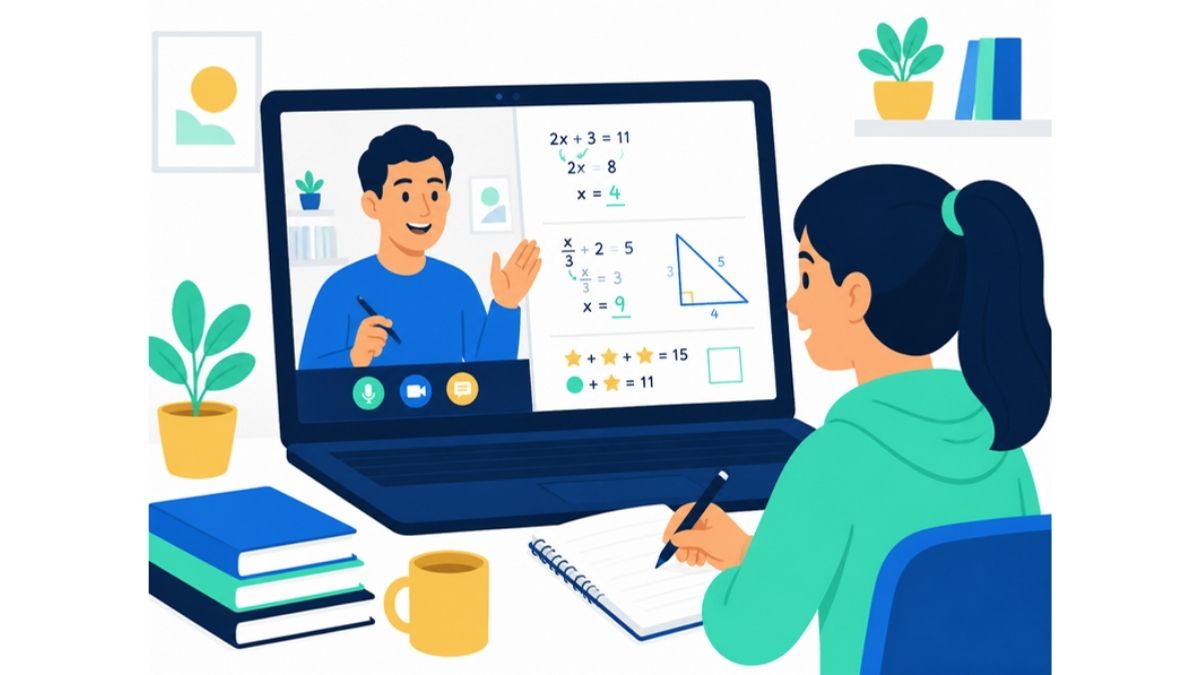 Illustration of a student at home in a video tutoring session with a volunteer tutor